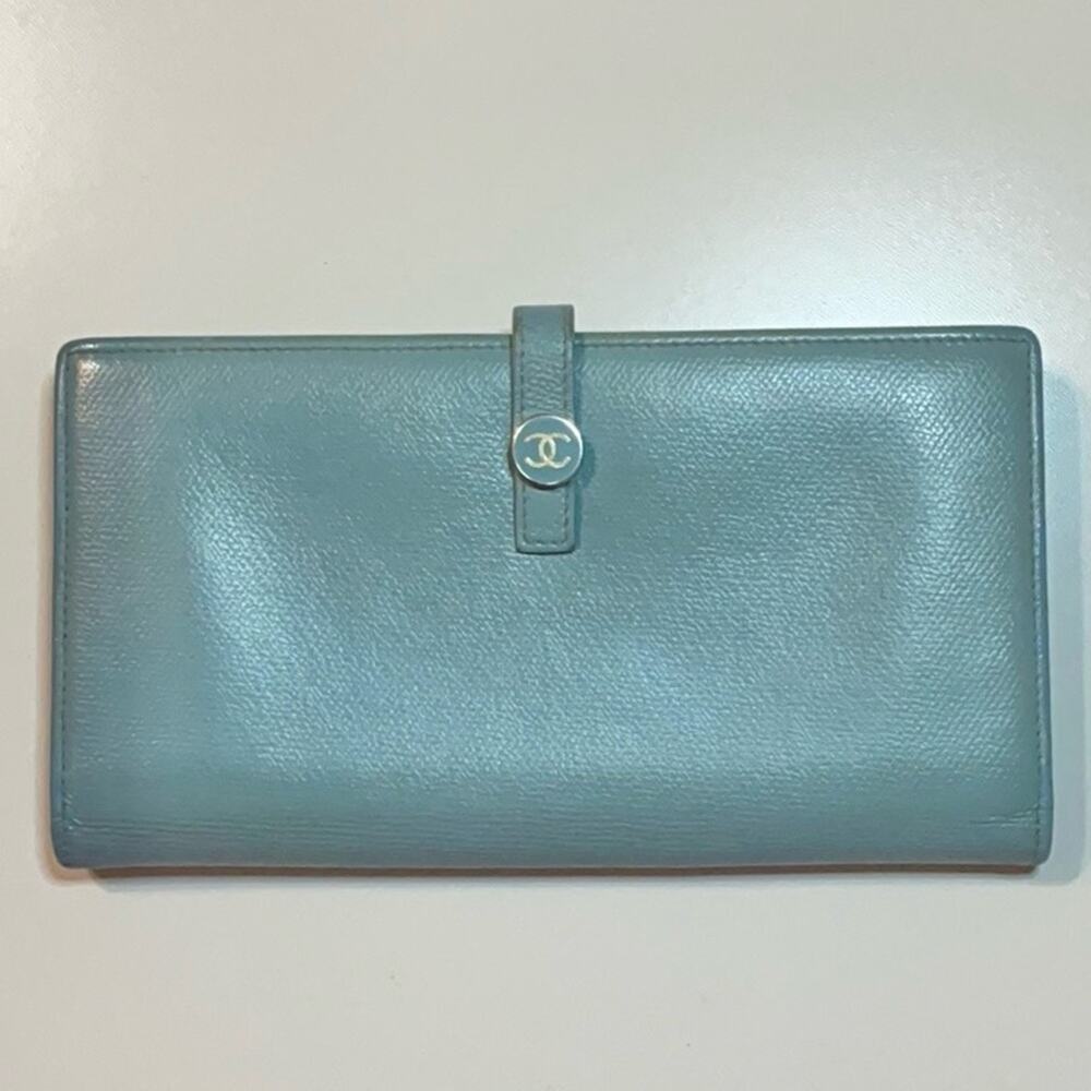 Chanel Vintage Signature Light Blue CC Flap Leather French Continental Wallet